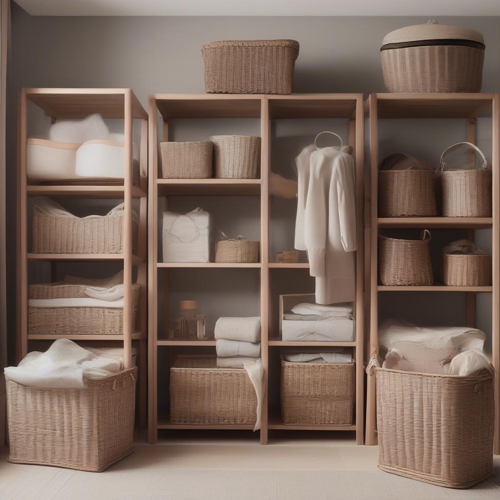 Wicker baskets used for bedroom organization