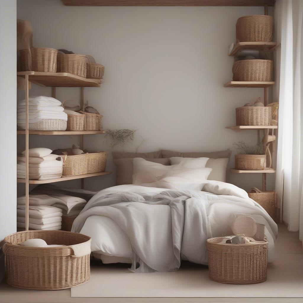 Wicker baskets used for bedroom organization, storing clothes, shoes, and accessories.