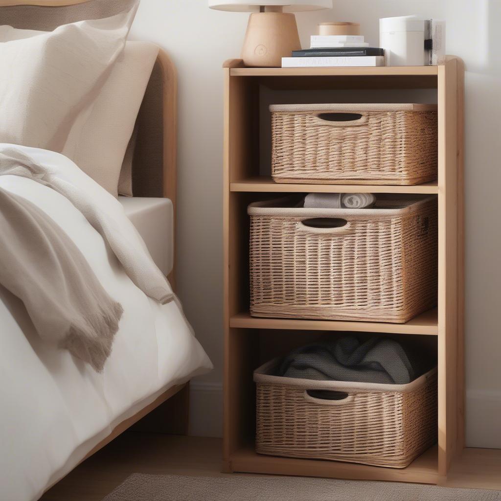 Stacking wicker storage baskets used in a bedroom setting for organizing clothes and accessories, showing their versatility and aesthetic appeal.