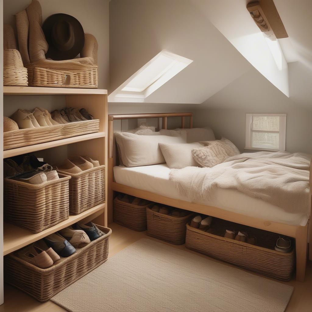 Wicker baskets used for shoe storage in a bedroom