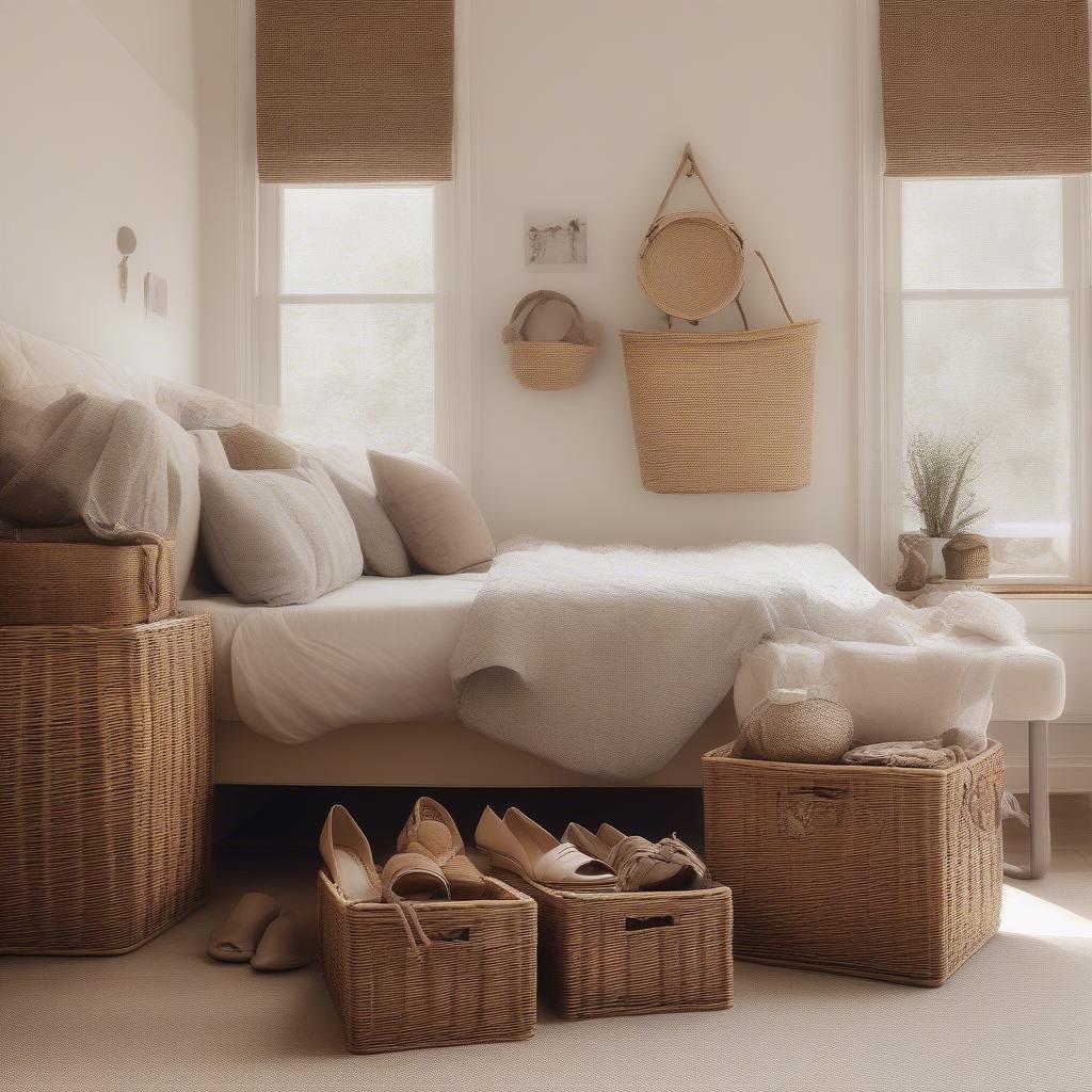 Wicker baskets storing shoes in a bedroom