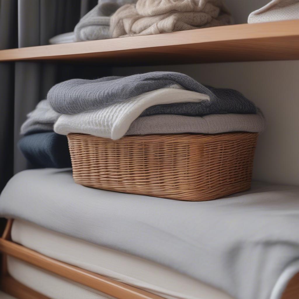 Wicker baskets used for storing clothes, blankets, and accessories in a bedroom.