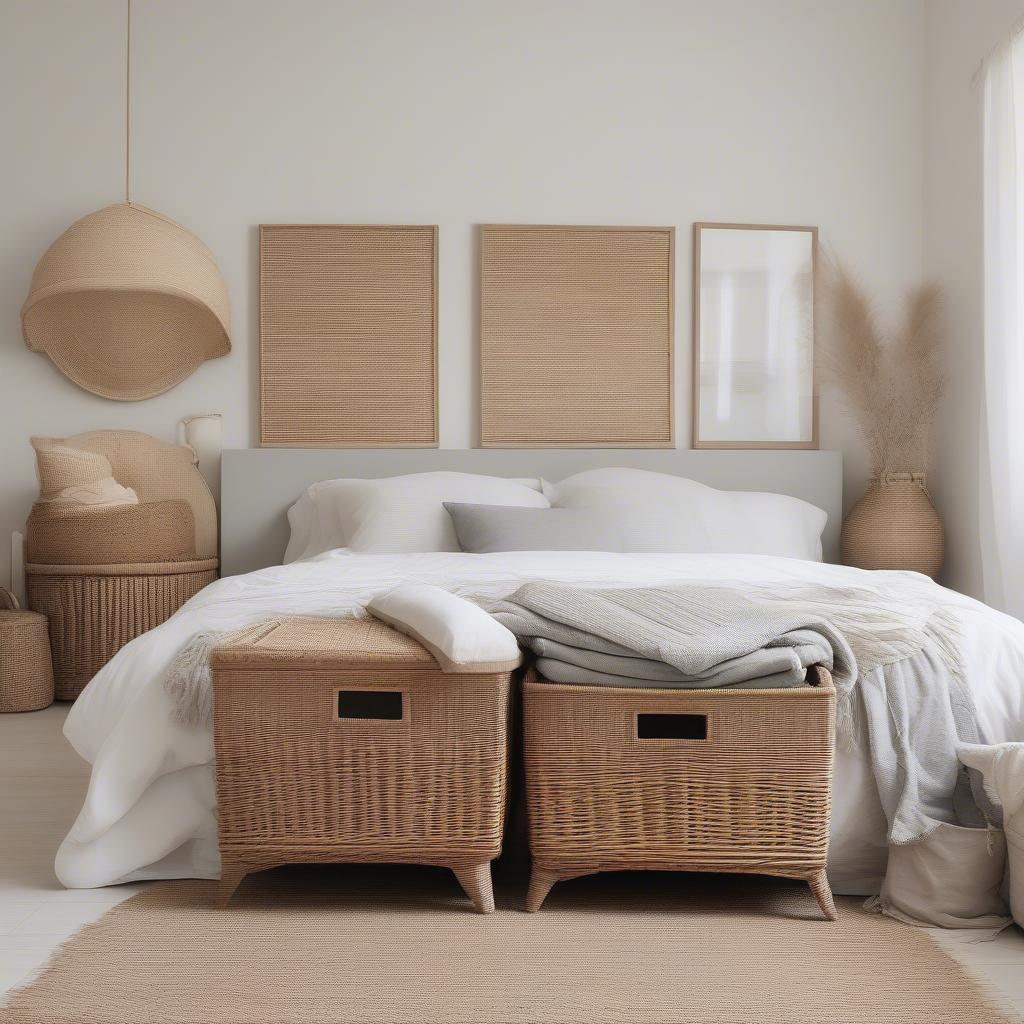 Wicker baskets used for storage in a bedroom