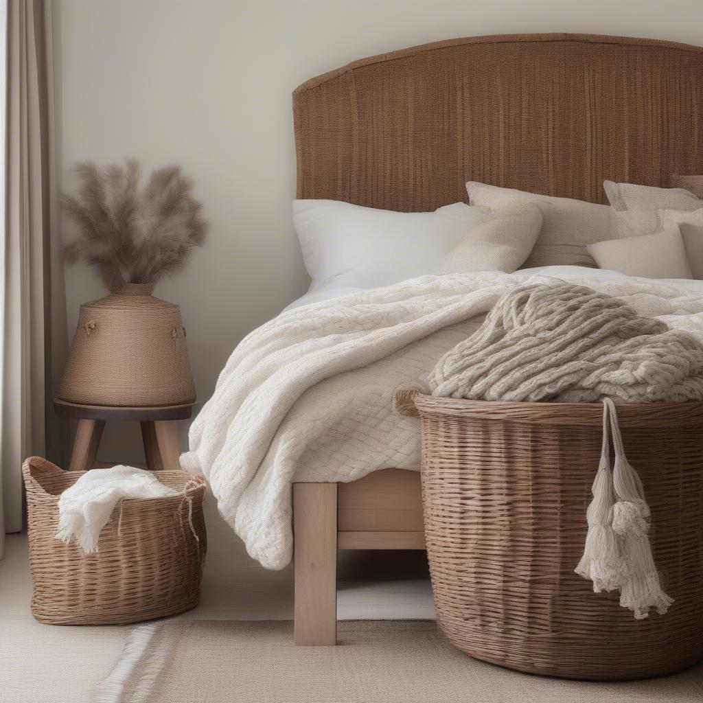 Wicker baskets used for storage in a bedroom