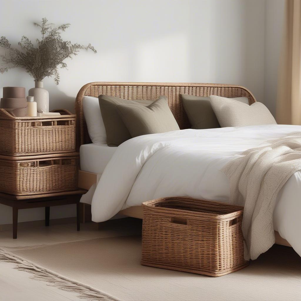 Wicker baskets used for storage in a bedroom