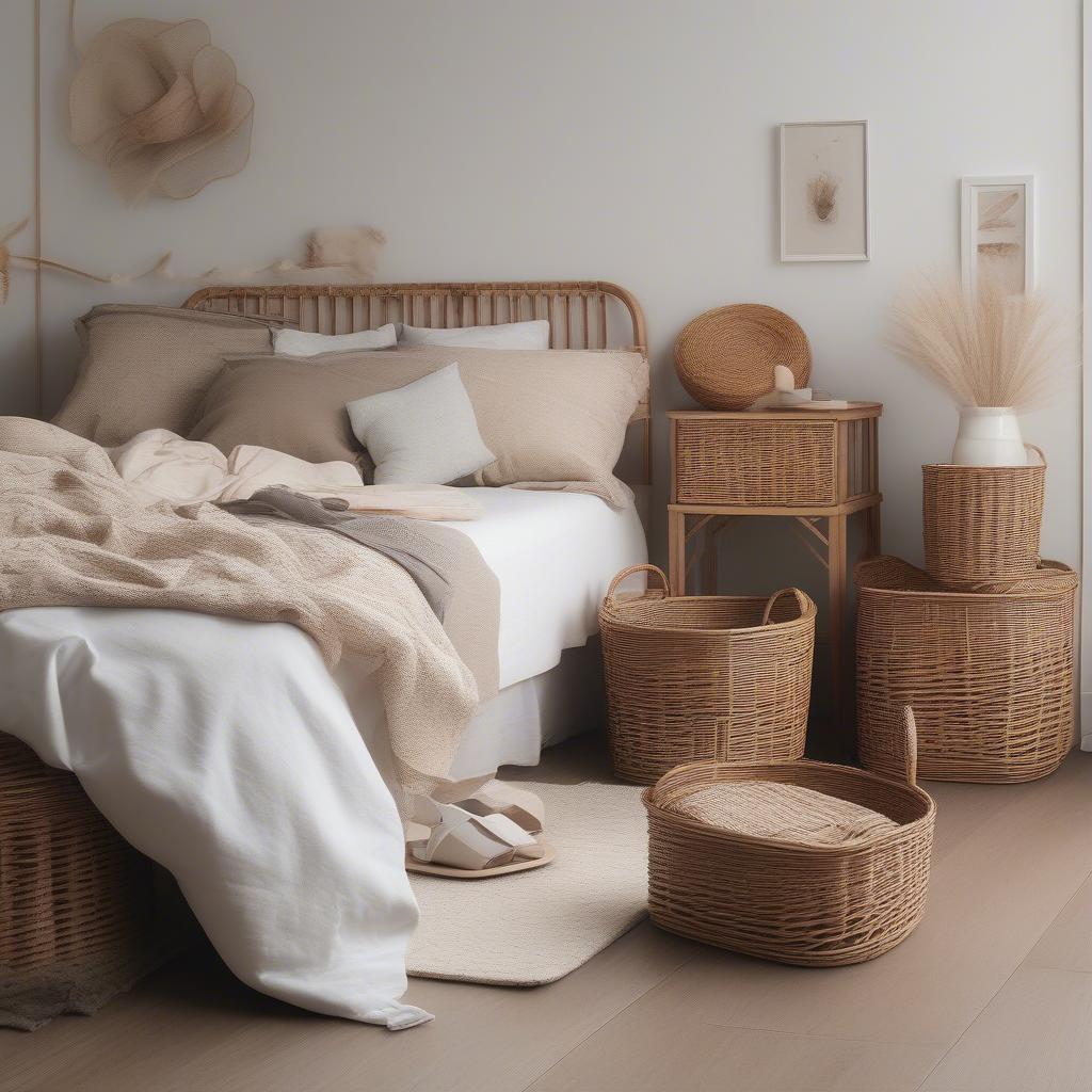 Wicker storage baskets used for organizing clothes and accessories in a bedroom.