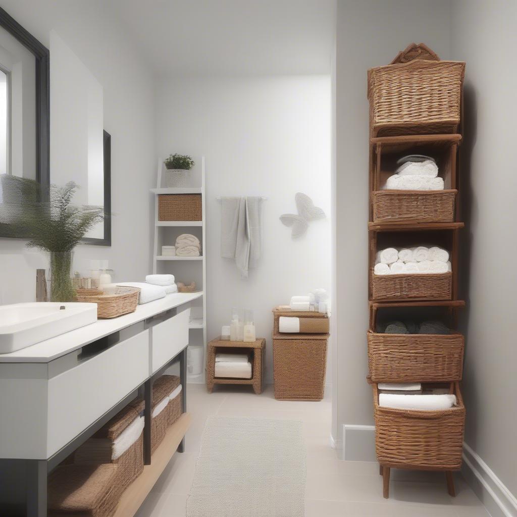 Wicker baskets neatly organized behind storage doors in a bathroom