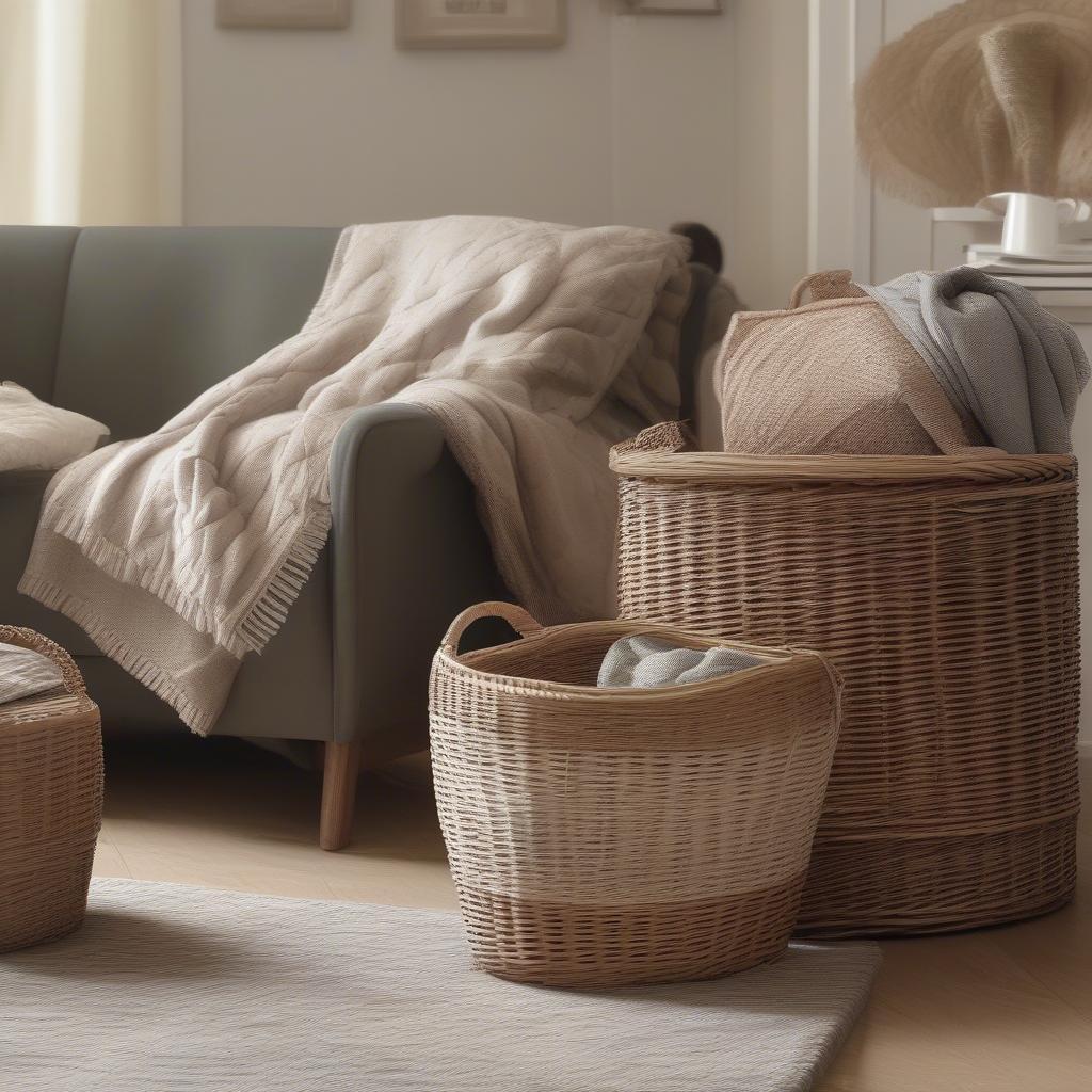 Wicker Baskets for Blanket Storage in a Living Room Setting