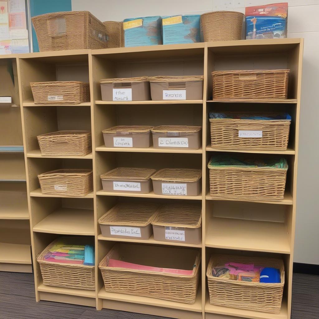 Wicker Baskets on Classroom Shelves