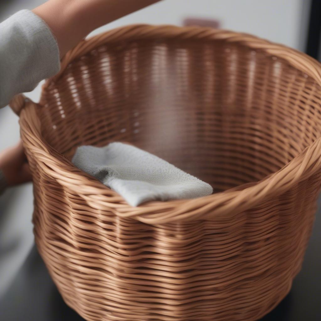 Close-up of someone cleaning a wicker basket with a soft brush and cloth, highlighting the proper cleaning techniques.