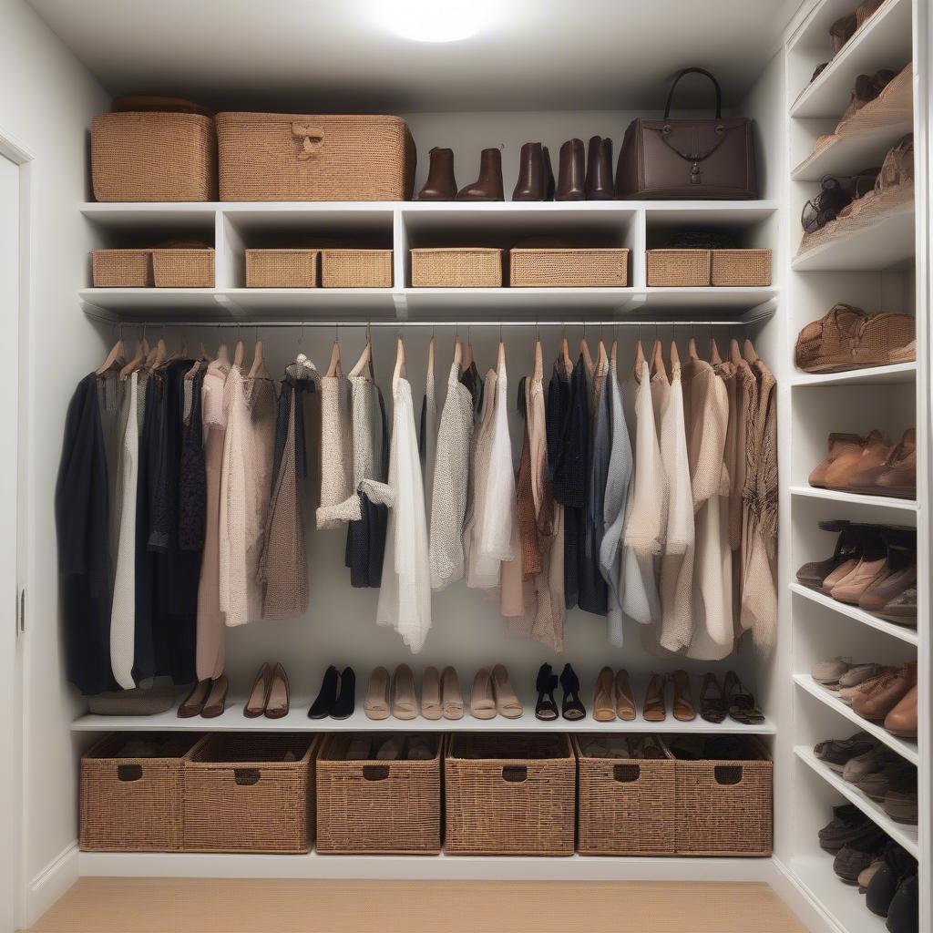 Wicker baskets organizing shoes in a closet