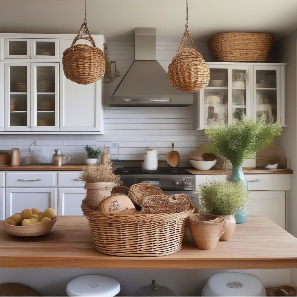 Wicker baskets on top of kitchen cabinets used to store and display decorative items, adding a touch of personality and style to the kitchen space.