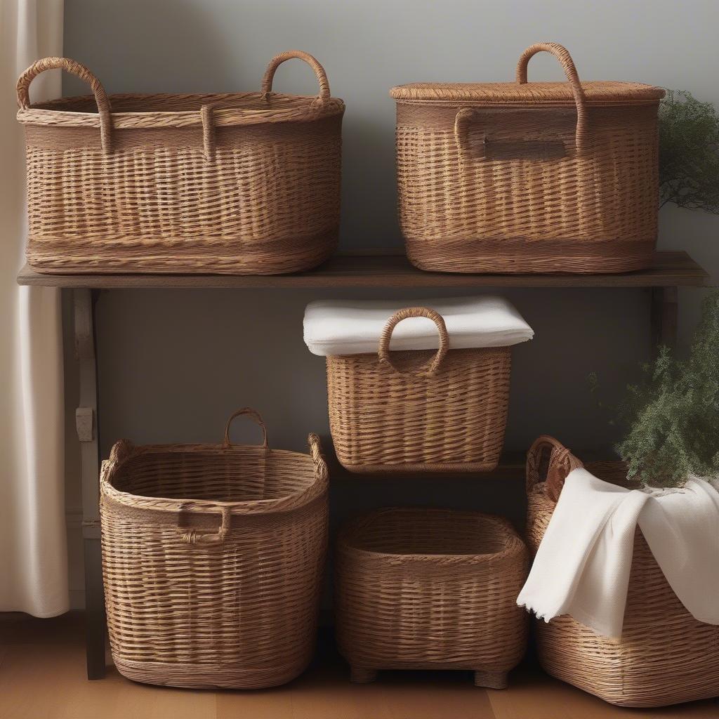 Wicker lidded storage baskets used in various rooms of a house, such as the living room, bedroom, bathroom, and kitchen.