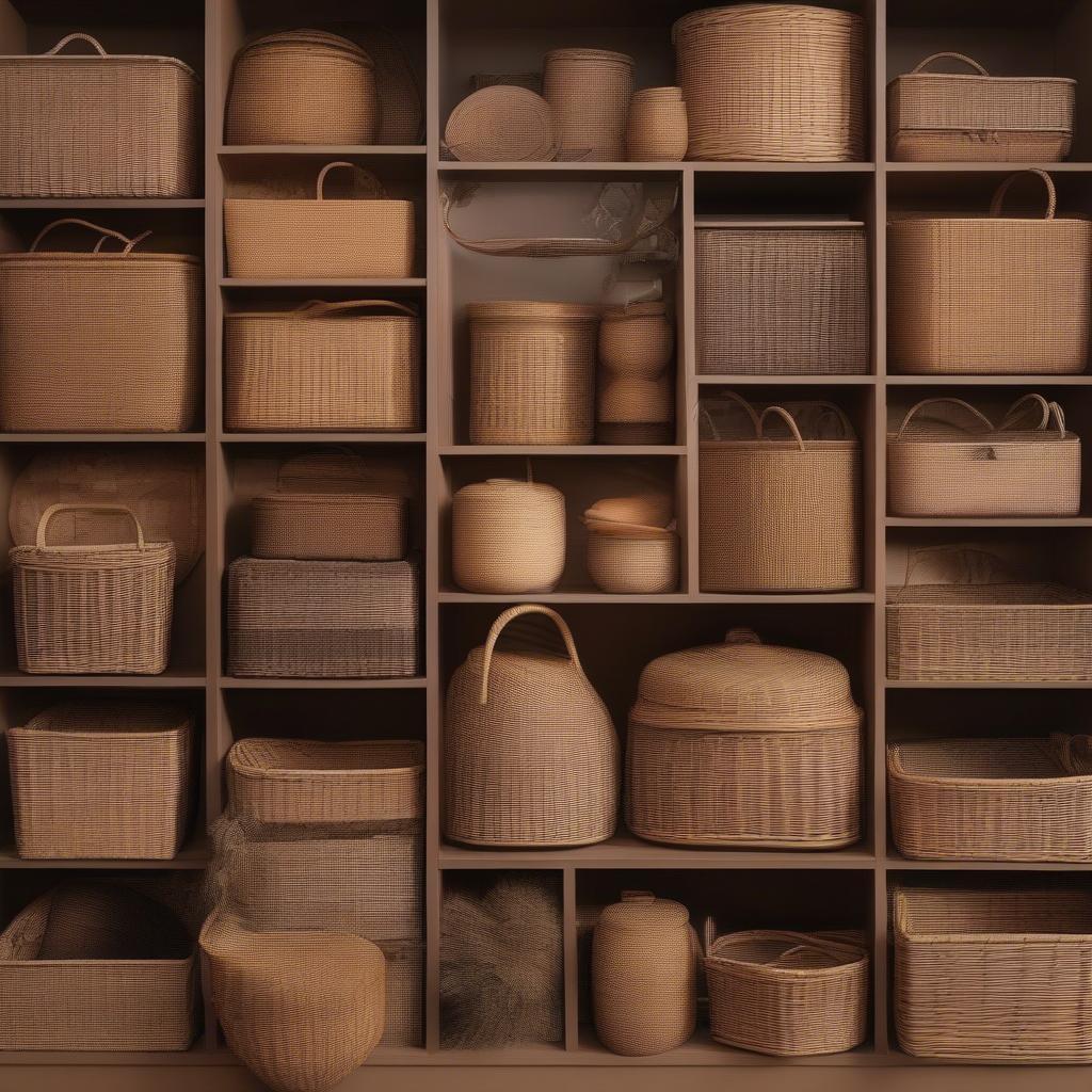 Various sizes and shapes of wicker baskets