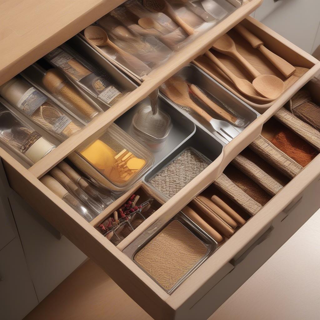 Wicker baskets organizing various items inside kitchen drawers.