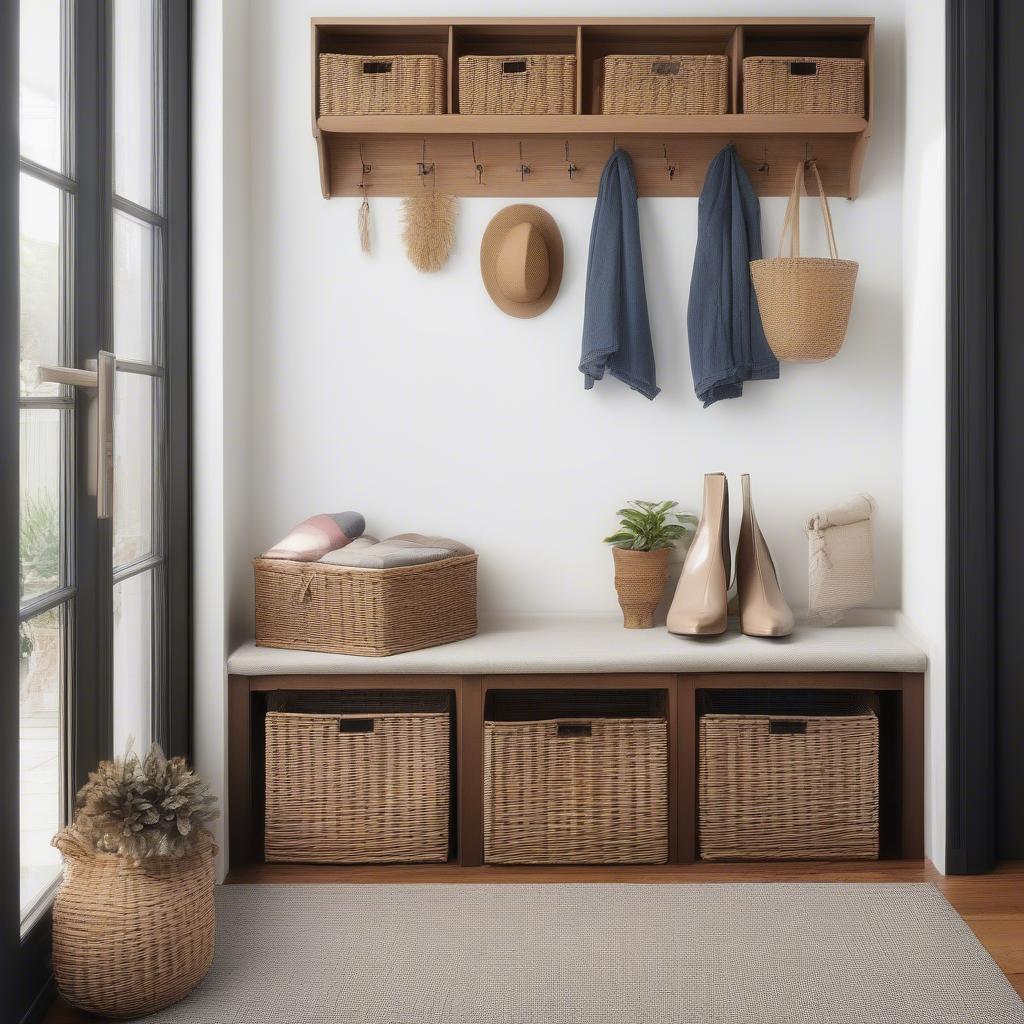 Wicker baskets used for organization in an entryway.