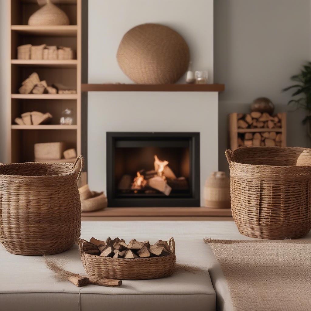 Wicker baskets storing firewood neatly beside a fireplace in a cozy living room