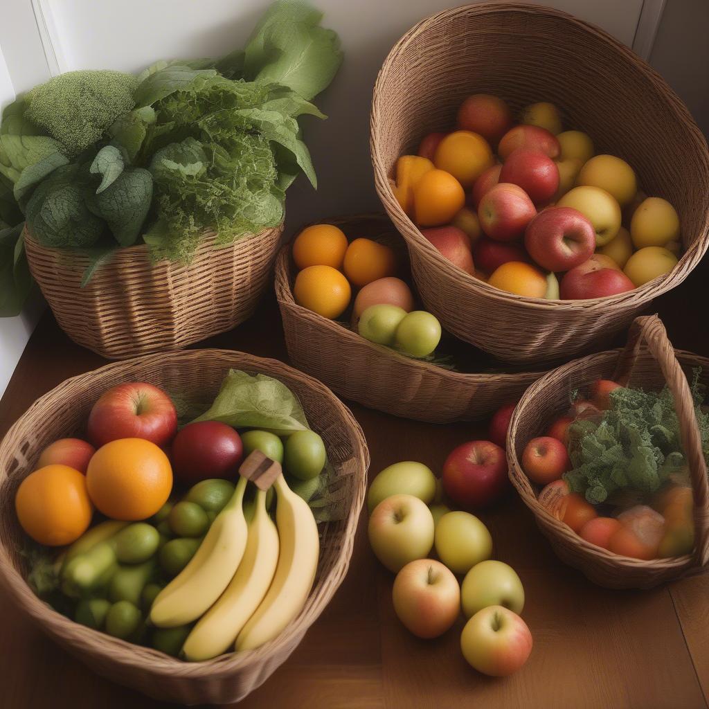 Wicker Baskets Filled with Fresh Fruits and Vegetables