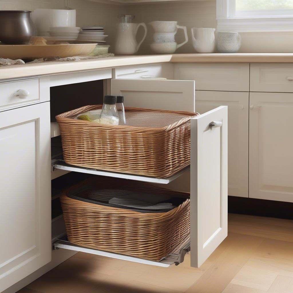 Wicker basket with full-extension slides fully extended from a cabinet