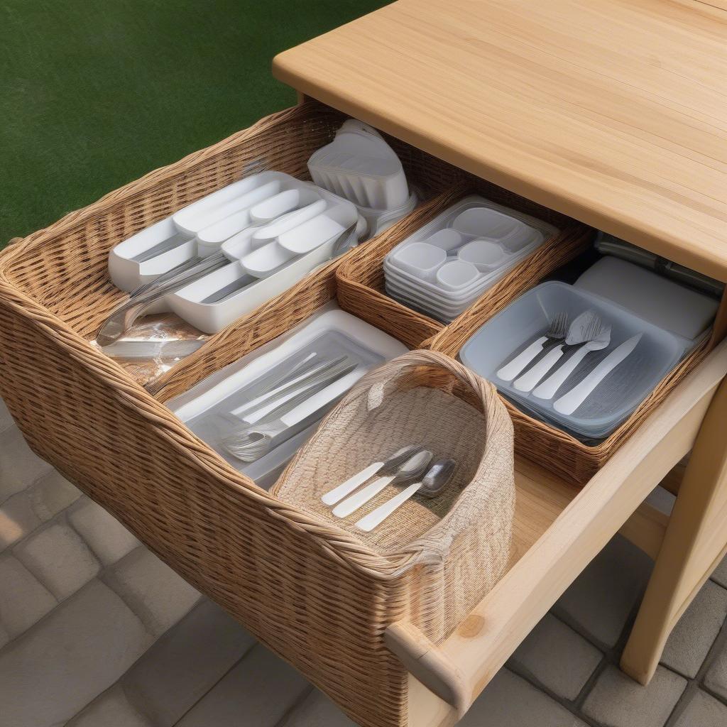 Wicker baskets of varying sizes and shapes holding organized plastic silverware.  The baskets are displayed on a picnic table and in a kitchen drawer.