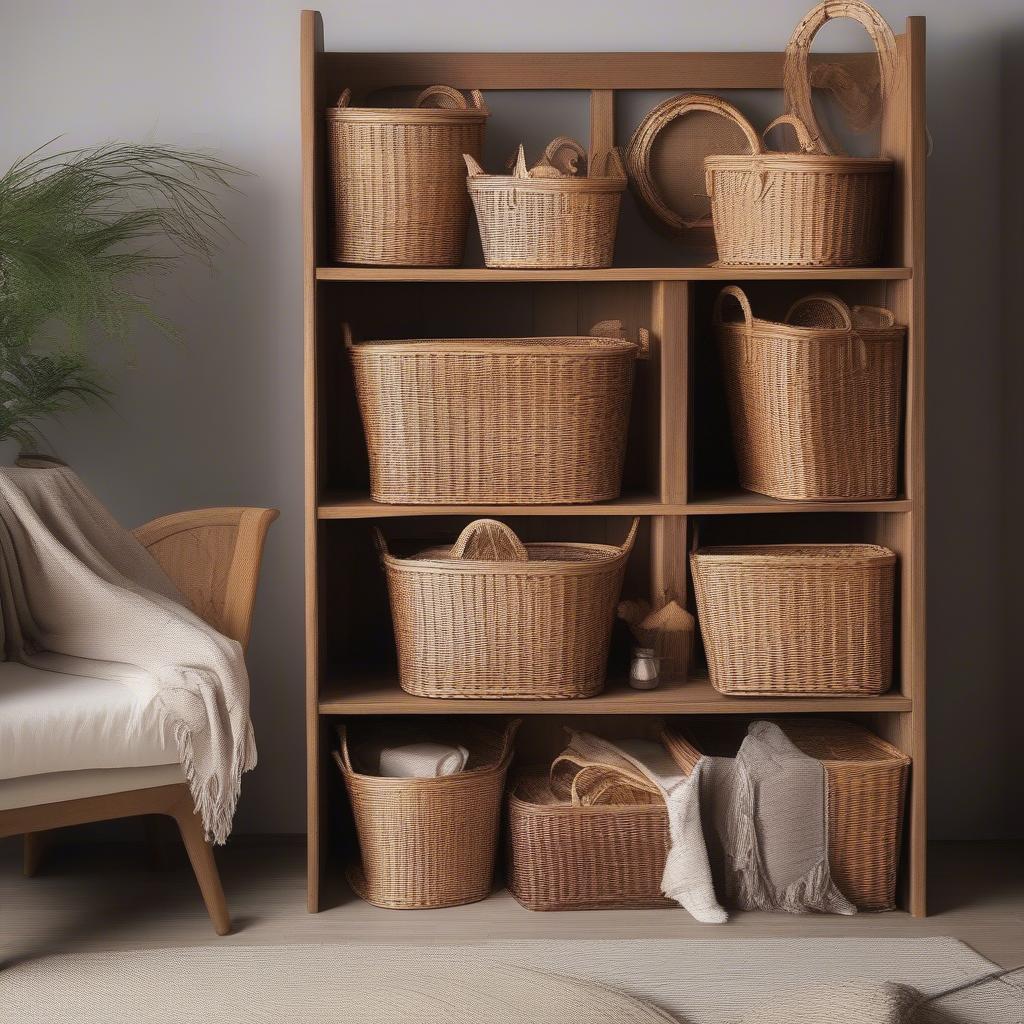 Various wicker baskets used as decorative elements in a home setting