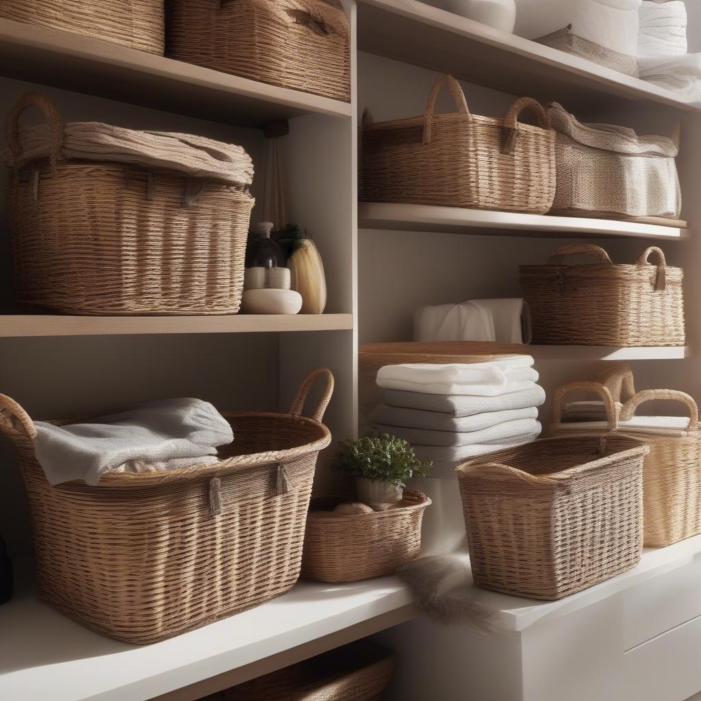 Wicker storage baskets used as decorative elements in various rooms of a home