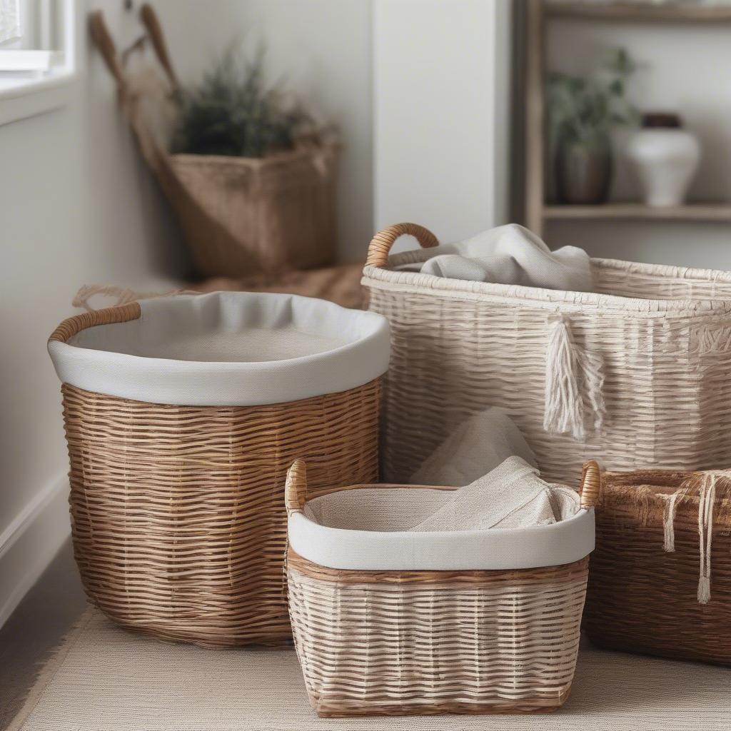 Fabric Lined Wicker Baskets Used as Decorative Elements in Home Decor