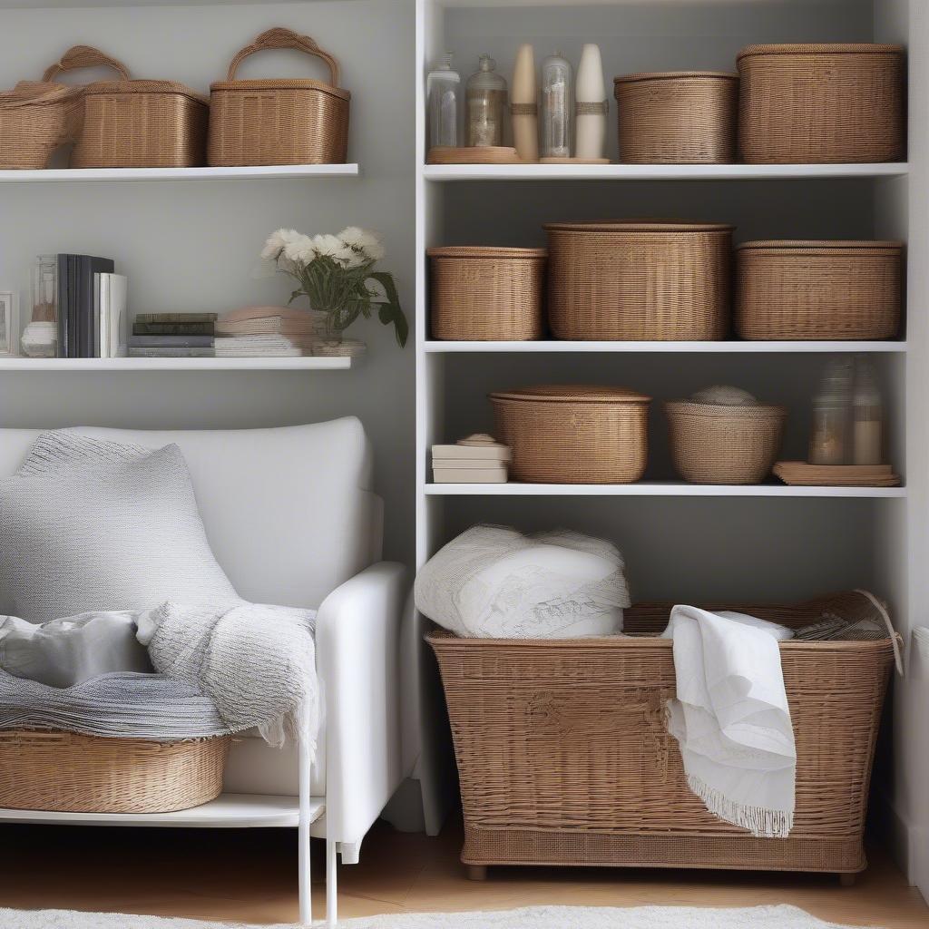 Wicker baskets integrated into home decor.