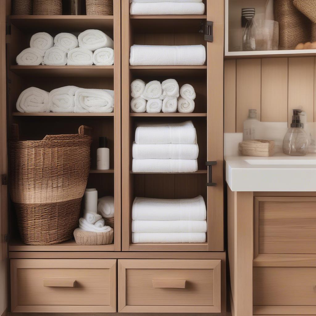 Wicker baskets in bathroom cabinet perfect for storing towels