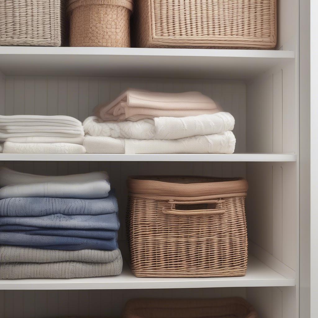 Wicker baskets neatly organized in a closet, storing folded clothes and accessories.