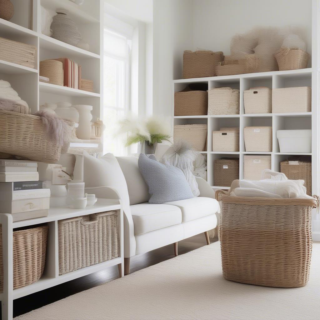 Wicker baskets neatly organized in a living room cubby storage unit