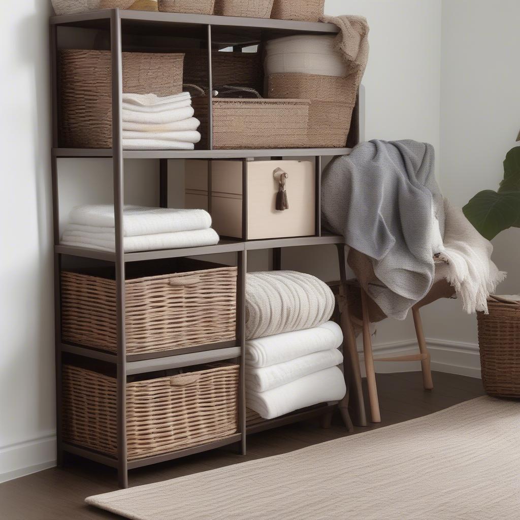 Wicker baskets neatly organized inside a white cube storage unit in a living room setting