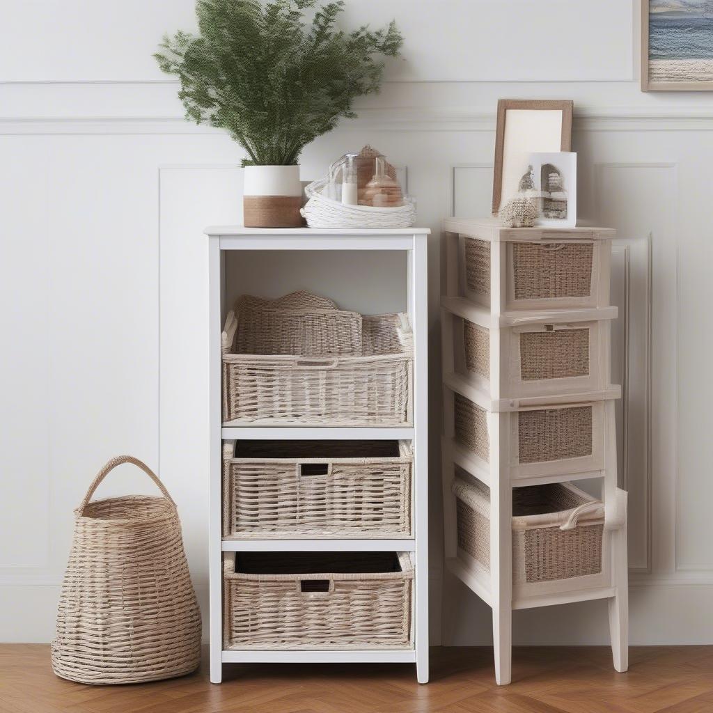 Wicker baskets neatly organized inside a white cube storage unit, demonstrating practical storage solutions for a tidy and stylish home.