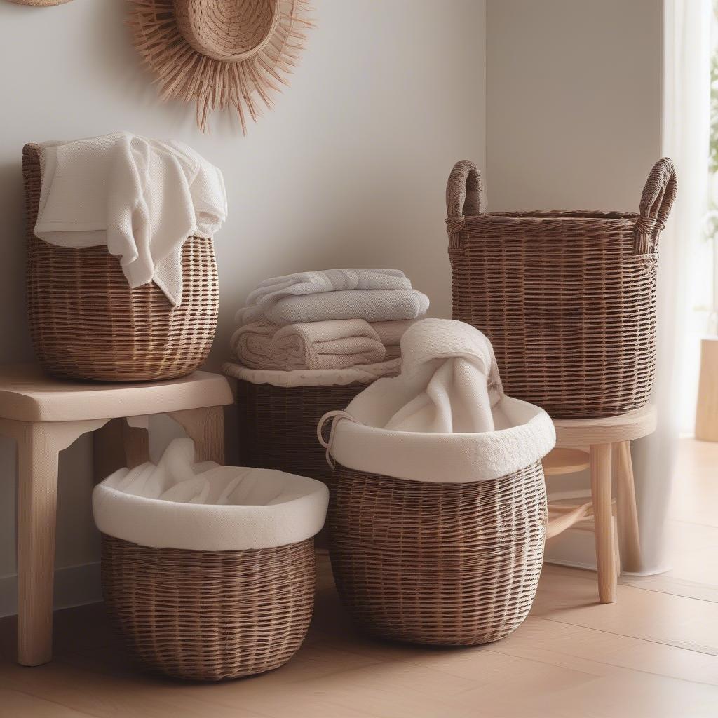 Wicker baskets used for storage and decoration in different rooms.