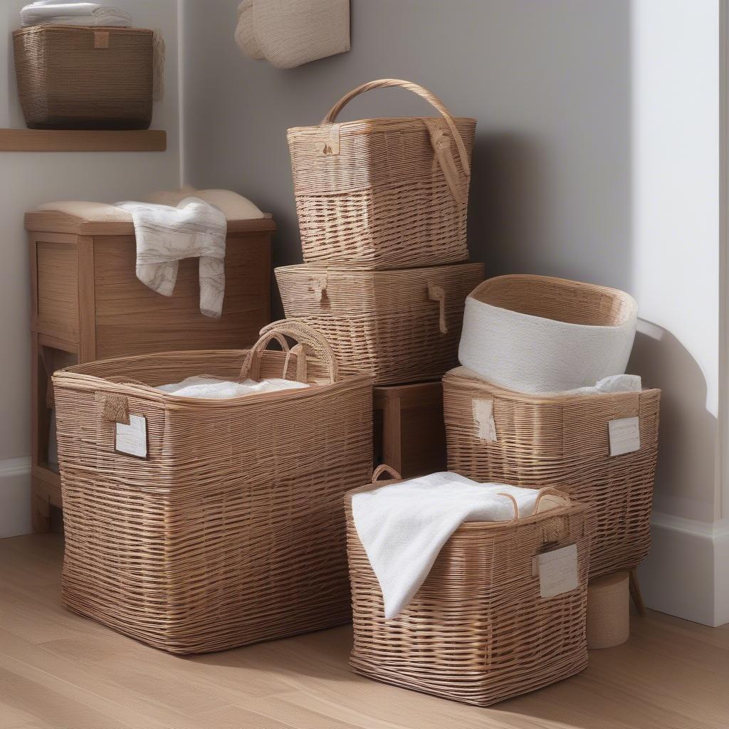 Deep Lined Willow Wicker Storage Baskets Used in Various Rooms of a Home