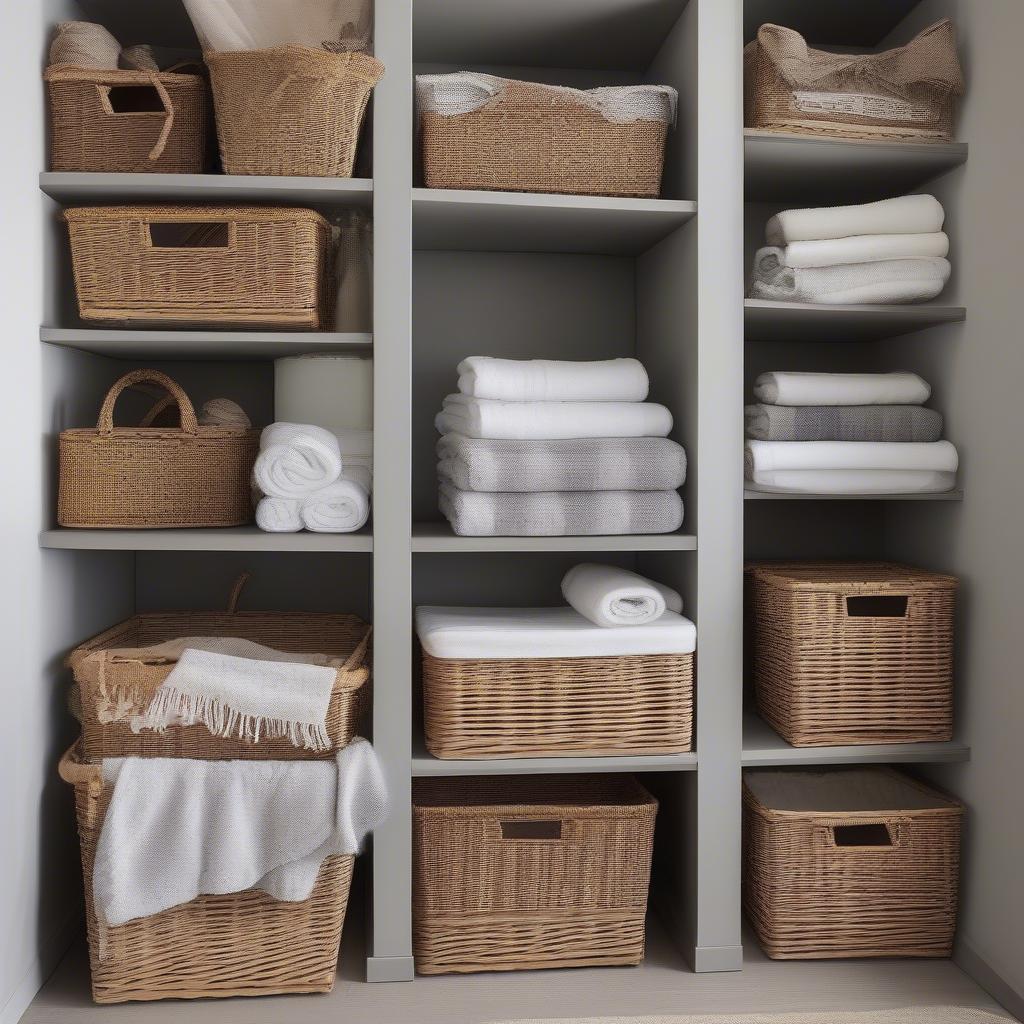 12-inch wicker storage baskets used in various rooms of a house for organization.