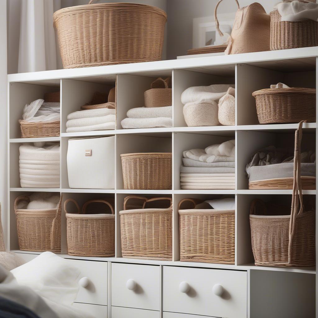 Wicker baskets inside an Ikea Kallax unit