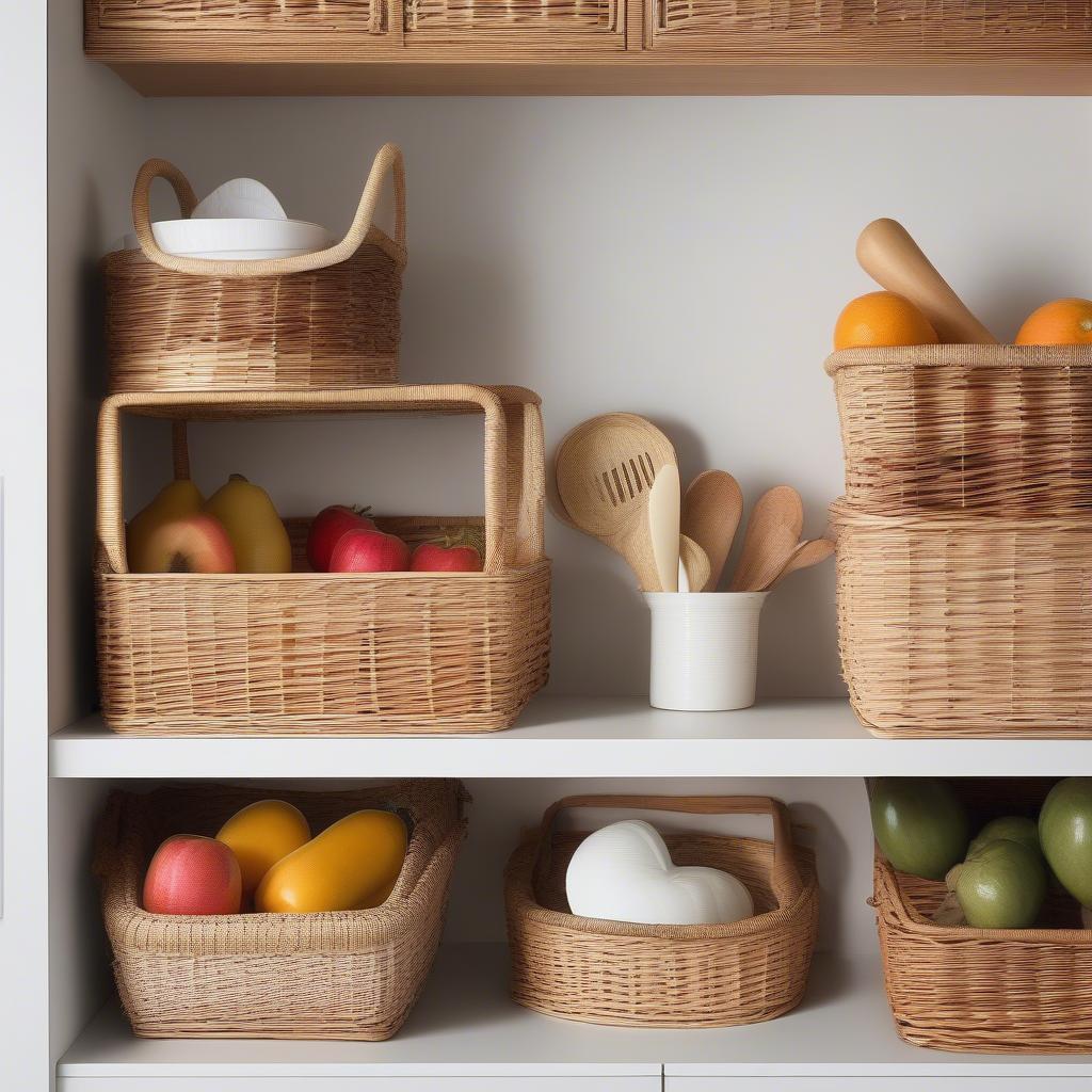 Wicker baskets neatly organized inside a kitchen cabinet