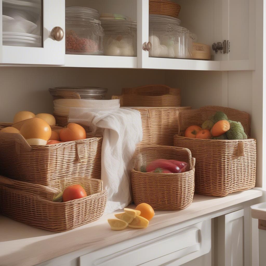 Wicker Baskets in Kitchen Cabinets