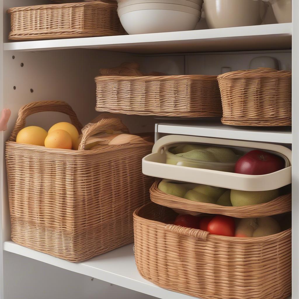 Wicker baskets neatly organized inside kitchen cabinets, showcasing different sizes and styles for various storage needs.