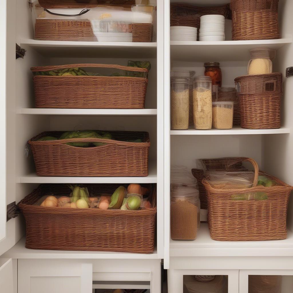 Wicker baskets neatly organized inside kitchen cabinets, showcasing various sizes and styles for different storage needs.