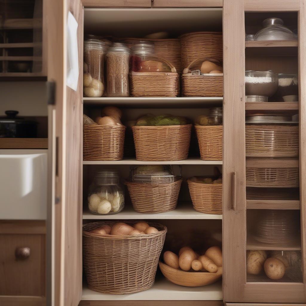 Wicker baskets neatly organizing various items inside kitchen cabinets, showcasing their versatility and aesthetic appeal.