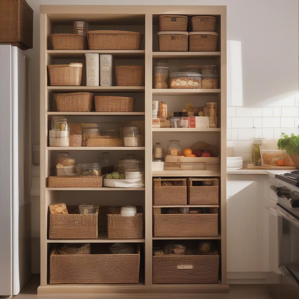 Stackable wicker baskets organizing various food items in a kitchen pantry.