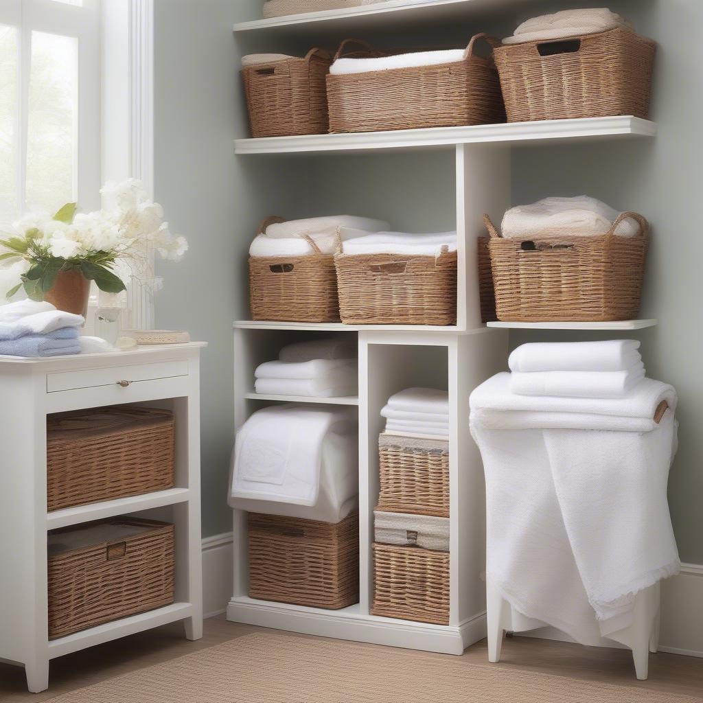 Wicker storage baskets neatly arranged in various rooms, such as a living room, bedroom, and bathroom.