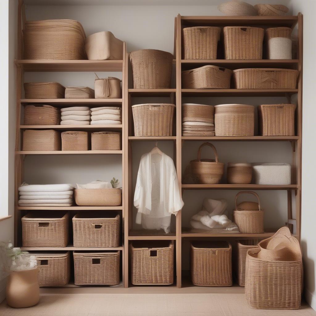 Wicker Baskets neatly organizing a storage unit