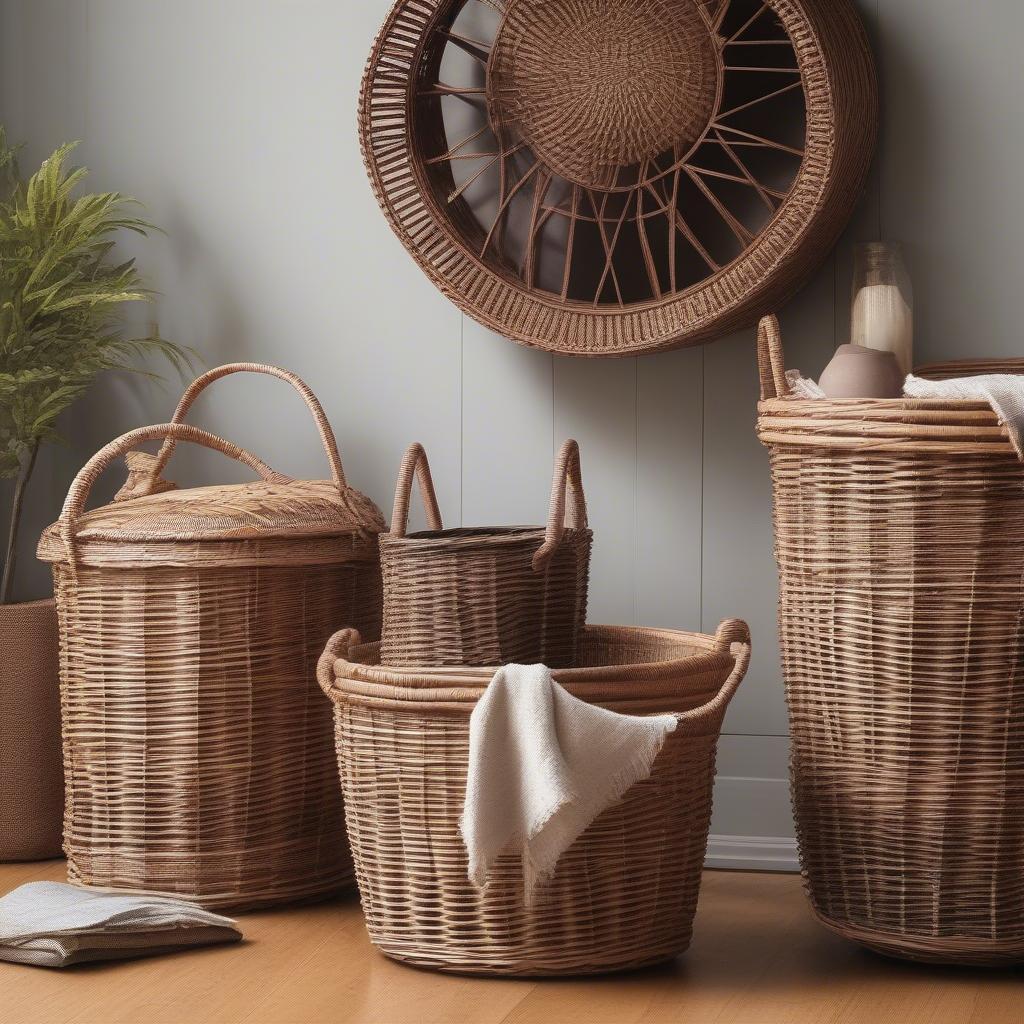 Wicker storage baskets used in different rooms of a house, like the living room, bedroom, bathroom, and kitchen.