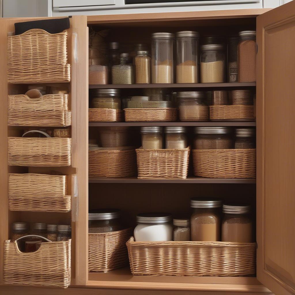 Wicker baskets neatly organizing items inside a kitchen cabinet