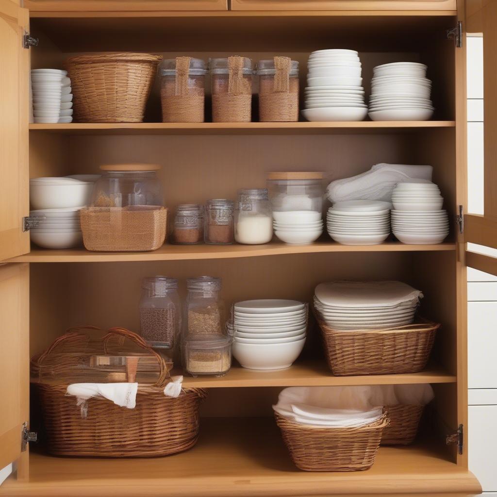 Wicker baskets neatly organizing various items inside white kitchen cabinets.