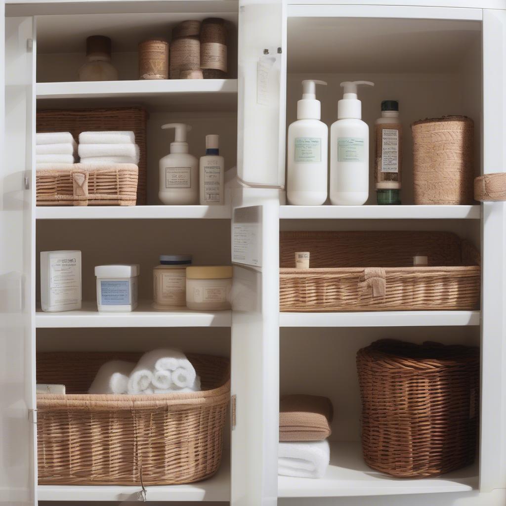 Wicker baskets inside a medicine cabinet for organized storage.