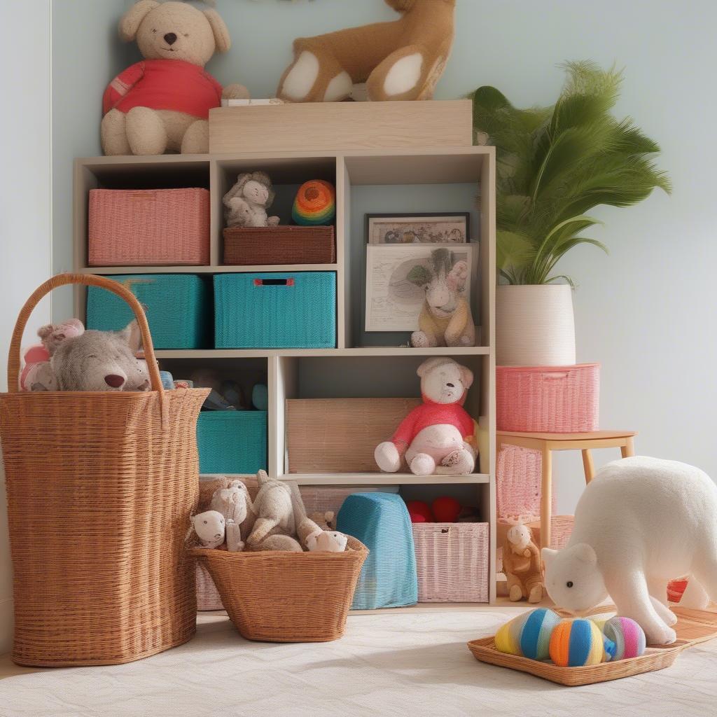 Wicker baskets used for toy storage in a child's room